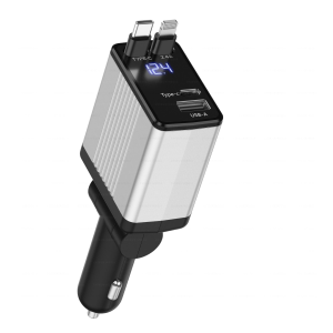 GaN Car Charger 120W Super Fast Charging USB-C, Retractable Cable, Digital Display