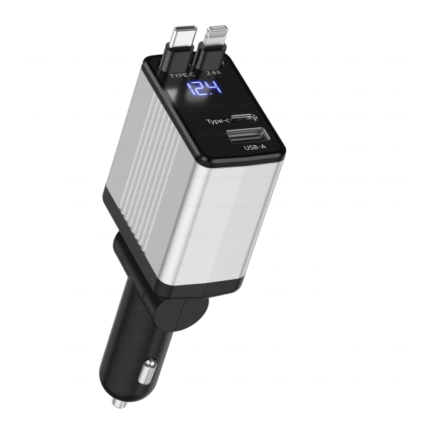 GaN Car Charger 120W Super Fast Charging USB-C, Retractable Cable, Digital Display